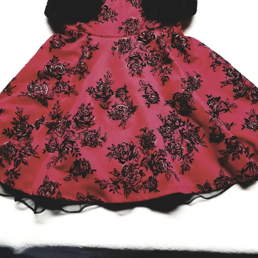 Knit Works Girls 12 Dress Formal Black Red Floral Faux Fur Jacket Holiday